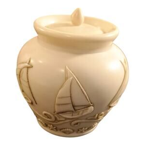 Vintage JARDINIA Sailboat Sea Shells Waves Starfish Cache Trinket Jar 3.5 Inch